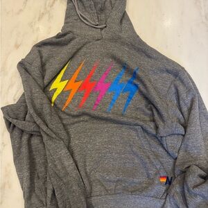 Aviator Nation Gray Hoodie with Colorful Lightning Bolts